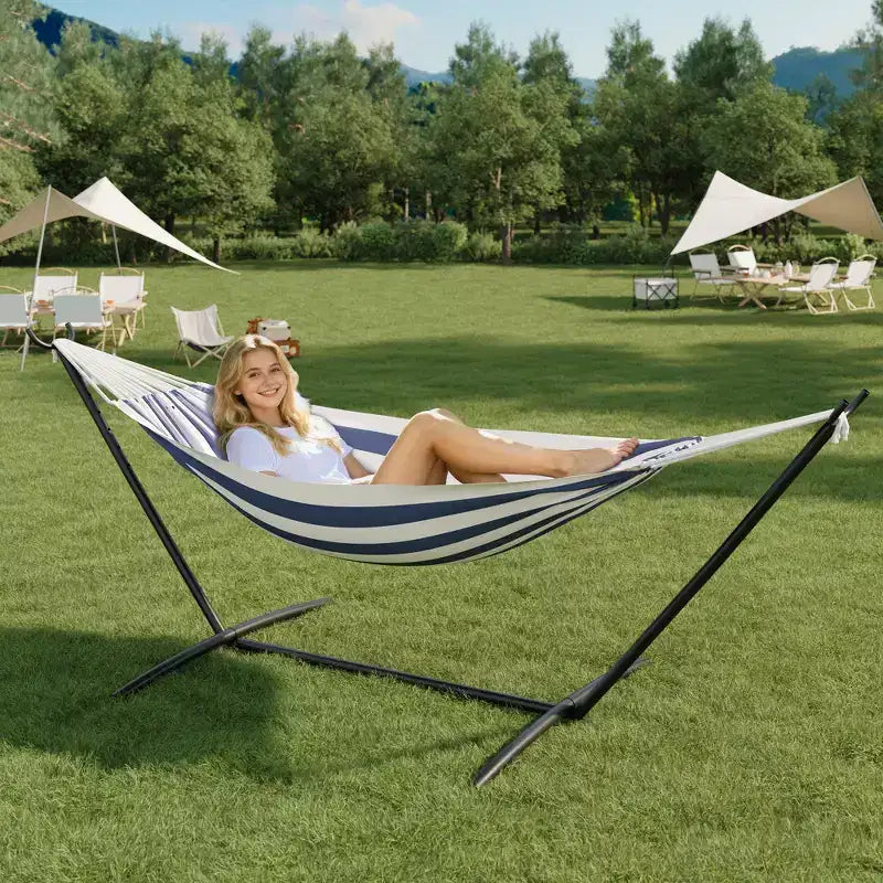 Hamac double doux avec cadre en acier, lit brésilien en coton pour l'intérieur et l'extérieur, livré avec sac de transport, pour 2 personnes, parfait pour les loisirs