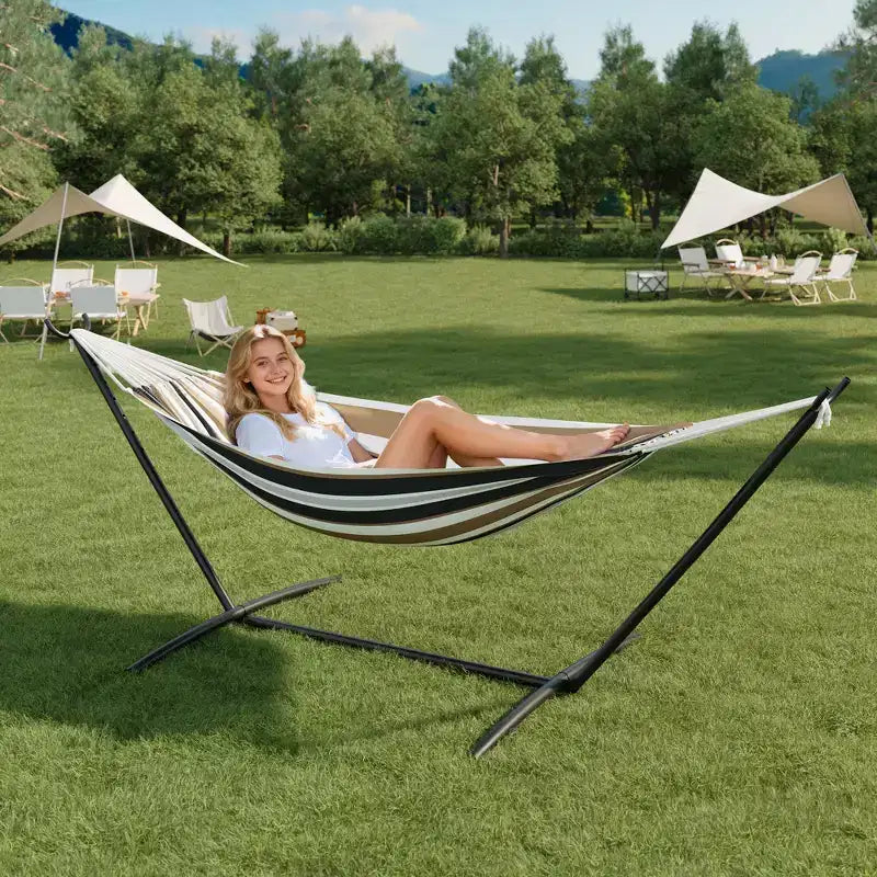 Hamac double doux avec cadre en acier, lit brésilien en coton pour l'intérieur et l'extérieur, livré avec sac de transport, pour 2 personnes, parfait pour les loisirs