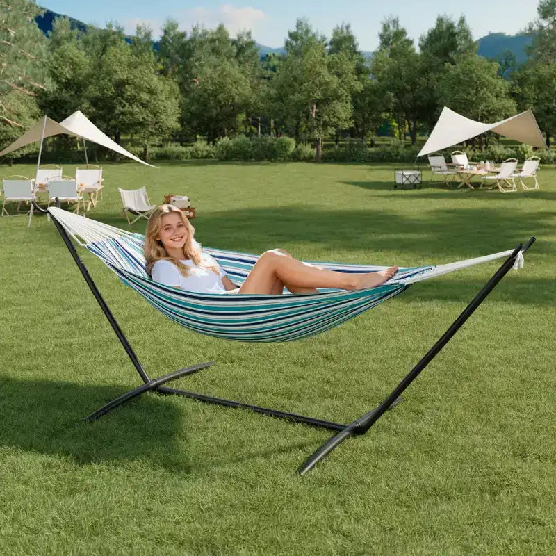 Hamac double doux avec cadre en acier, lit brésilien en coton pour l'intérieur et l'extérieur, livré avec sac de transport, pour 2 personnes, parfait pour les loisirs