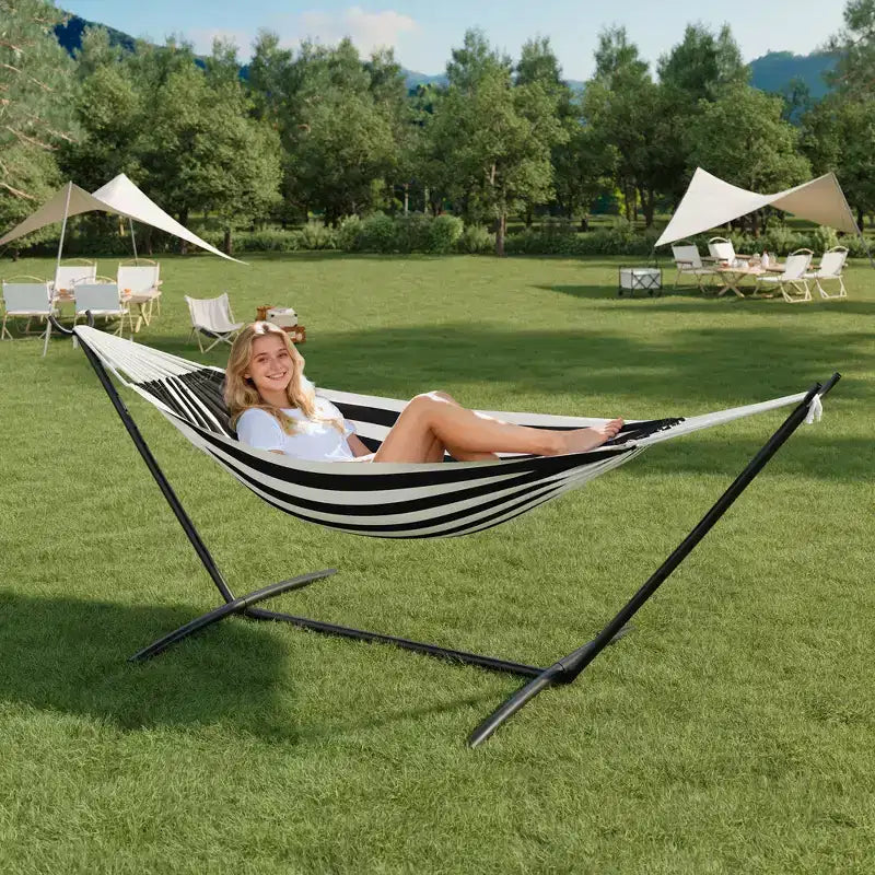 Hamac double doux avec cadre en acier, lit brésilien en coton pour l'intérieur et l'extérieur, livré avec sac de transport, pour 2 personnes, parfait pour les loisirs