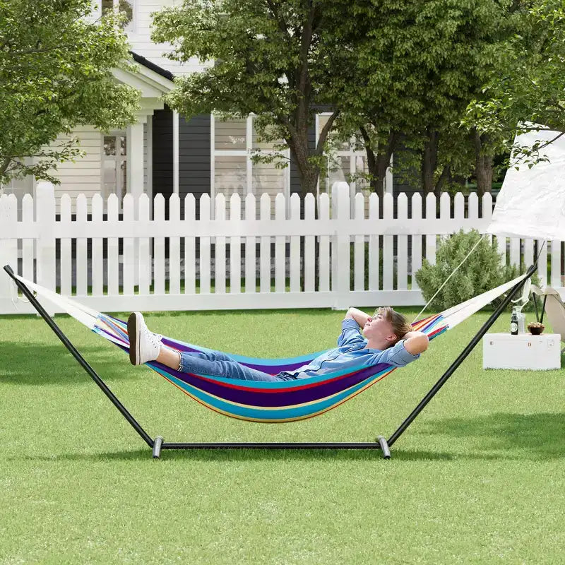 Hamac double doux avec cadre en acier, lit brésilien en coton pour l'intérieur et l'extérieur, livré avec sac de transport, pour 2 personnes, parfait pour les loisirs