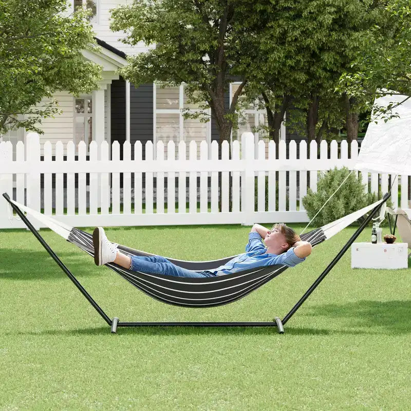 Hamac double doux avec cadre en acier, lit brésilien en coton pour l'intérieur et l'extérieur, livré avec sac de transport, pour 2 personnes, parfait pour les loisirs
