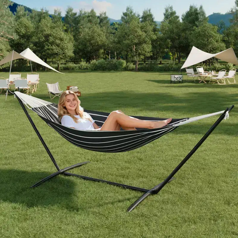 Hamac double doux avec cadre en acier, lit brésilien en coton pour l'intérieur et l'extérieur, livré avec sac de transport, pour 2 personnes, parfait pour les loisirs