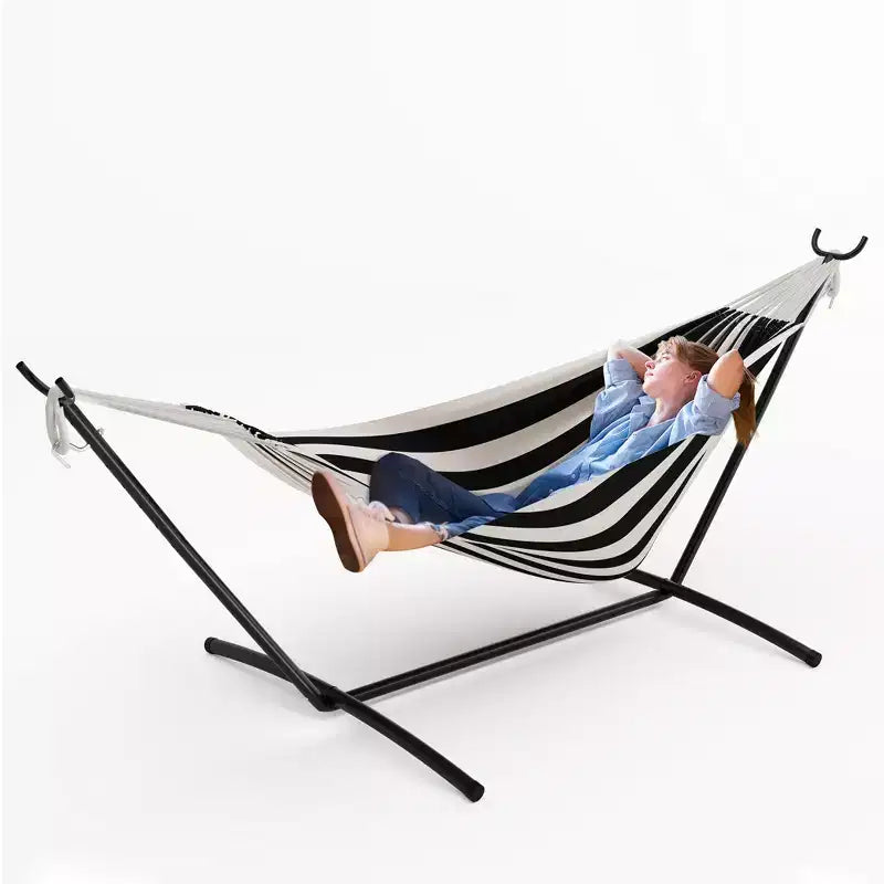 Double Soft Hammock with Steel Frame, Indoor and Outdoor Brazilian-style Cotton Bed, Comes with Carrying Bag, for 2 People, Perfect for Leisure Time