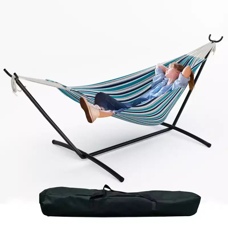 Hamac double doux avec cadre en acier, lit brésilien en coton pour l'intérieur et l'extérieur, livré avec sac de transport, pour 2 personnes, parfait pour les loisirs