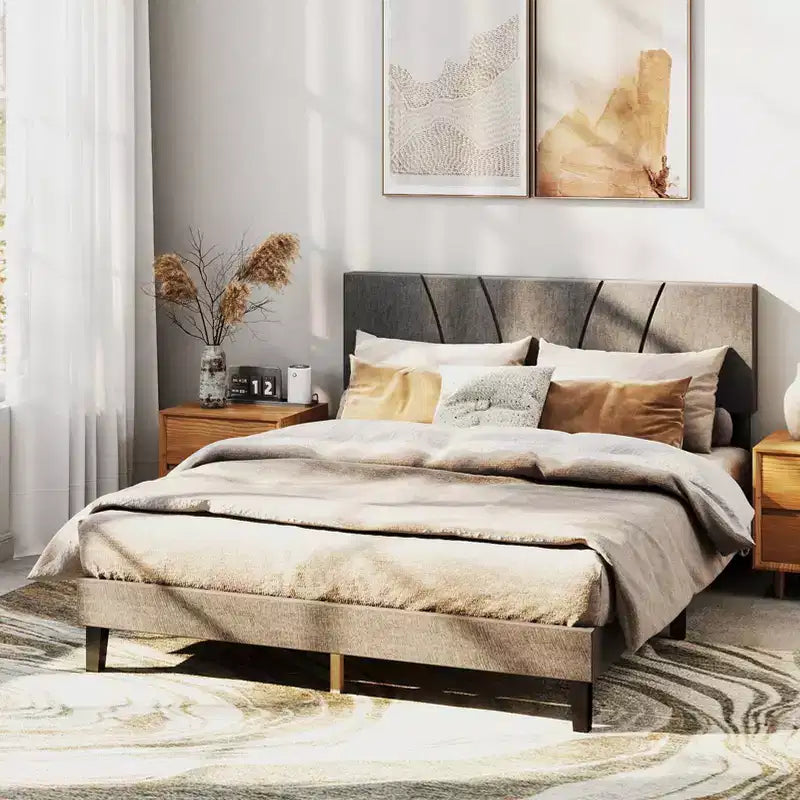 Cadre de lit Queen Size élégant avec sommier à lattes et tête de lit en bois robuste pour chambre à coucher