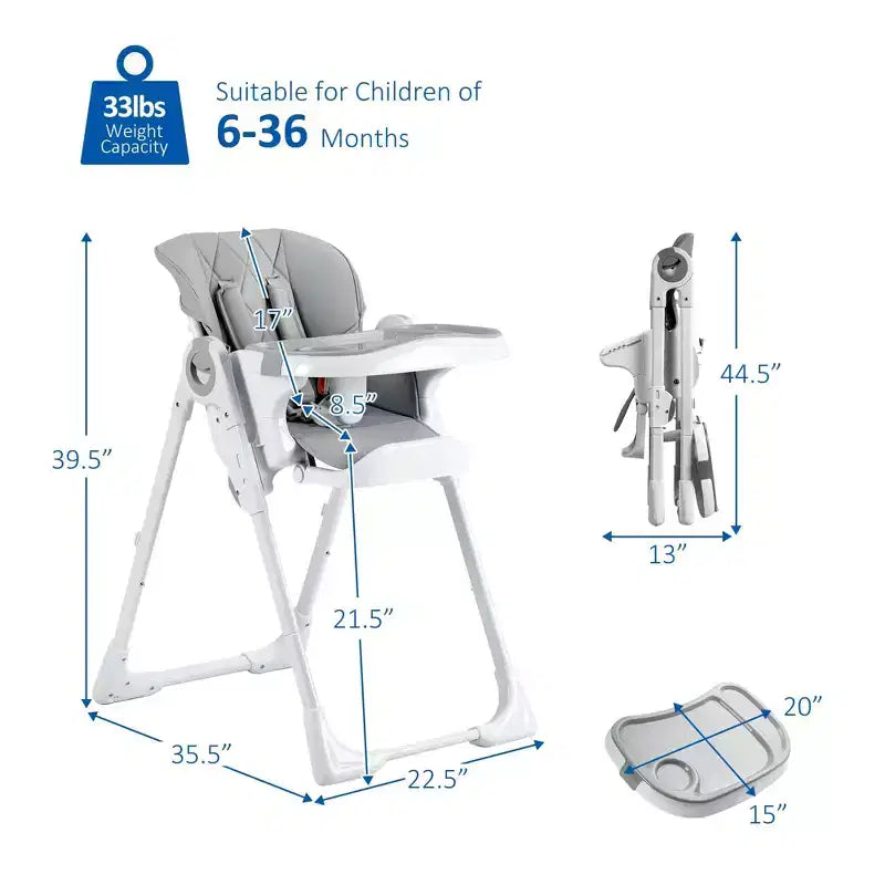 Chaise Haute Bébé, Chaise Haute Pliable pour Bébés et Tout-Petits, Hauteur et Inclinaison Réglables, Plateau Amovible, Facile à Nettoyer, Grise