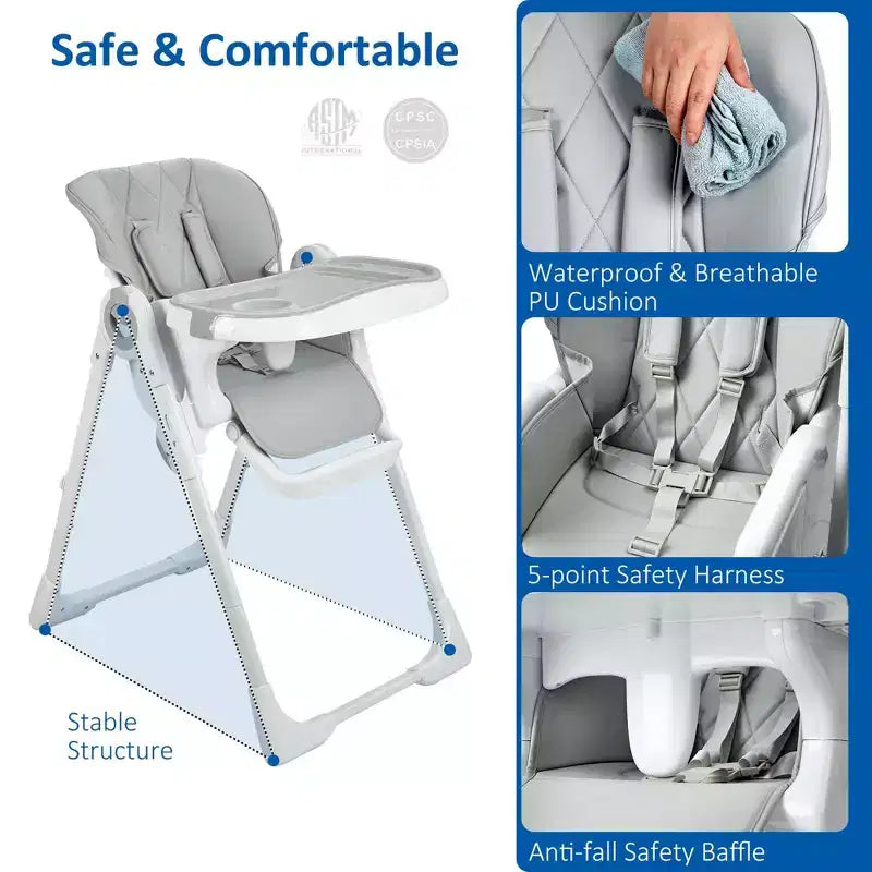 Chaise Haute Bébé, Chaise Haute Pliable pour Bébés et Tout-Petits, Hauteur et Inclinaison Réglables, Plateau Amovible, Facile à Nettoyer, Grise
