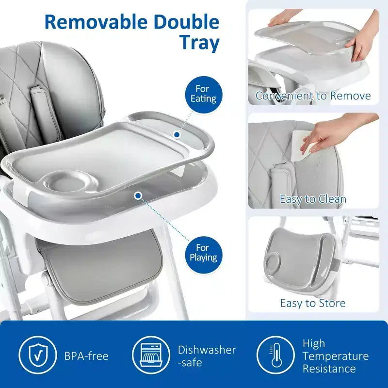 Chaise Haute Bébé, Chaise Haute Pliable pour Bébés et Tout-Petits, Hauteur et Inclinaison Réglables, Plateau Amovible, Facile à Nettoyer, Grise