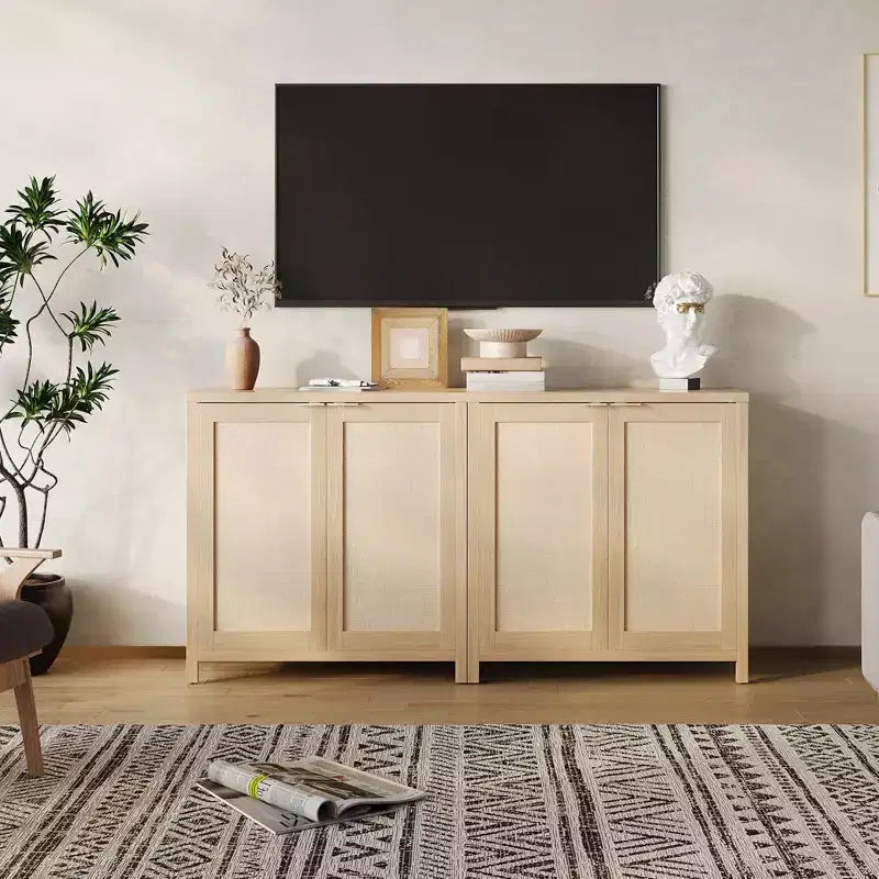 Buffet en rotin - Armoire de rangement de cuisine autoportante avec étagères réglables - Meuble bar à café pour salon et salle à manger