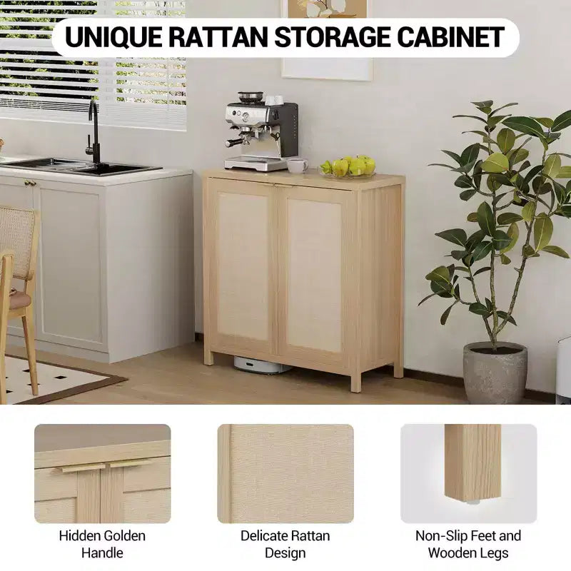 Buffet en rotin - Armoire de rangement de cuisine autoportante avec étagères réglables - Meuble bar à café pour salon et salle à manger