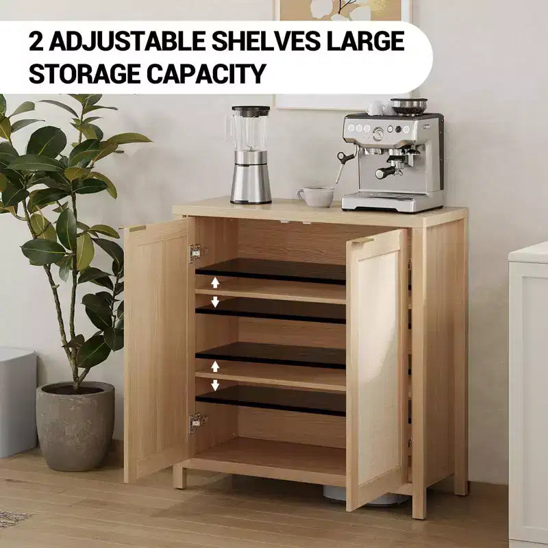 Buffet en rotin - Armoire de rangement de cuisine autoportante avec étagères réglables - Meuble bar à café pour salon et salle à manger