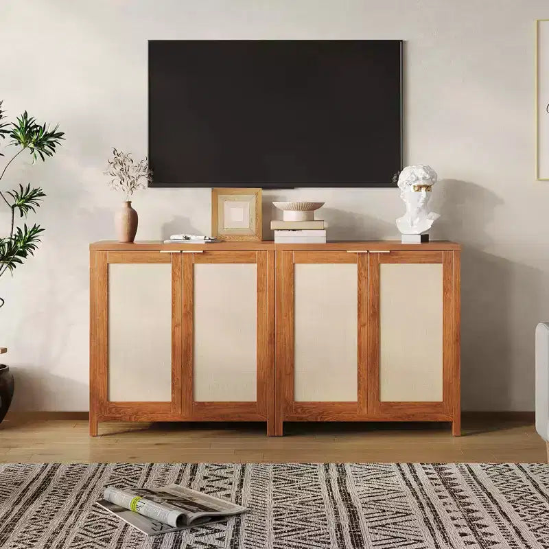 Buffet en rotin - Armoire de rangement de cuisine autoportante avec étagères réglables - Meuble bar à café pour salon et salle à manger