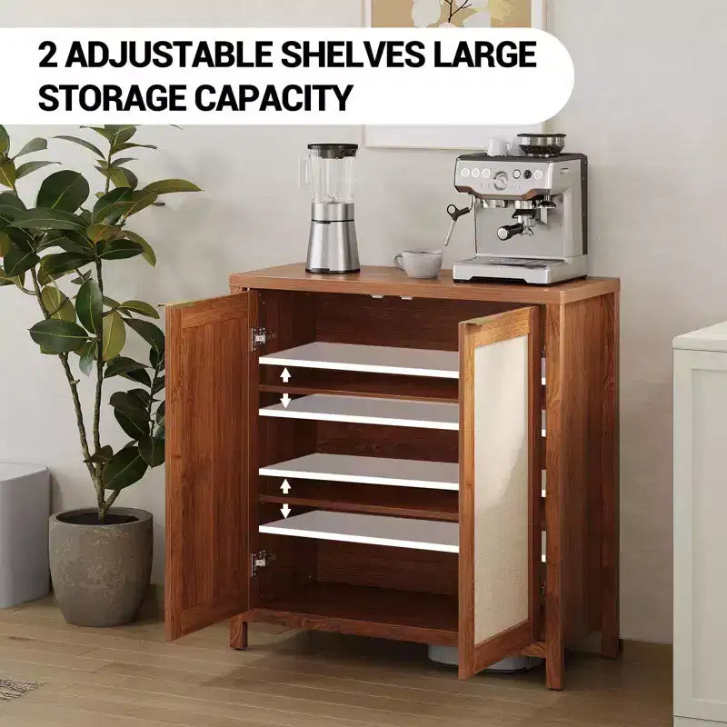 Buffet en rotin - Armoire de rangement de cuisine autoportante avec étagères réglables - Meuble bar à café pour salon et salle à manger