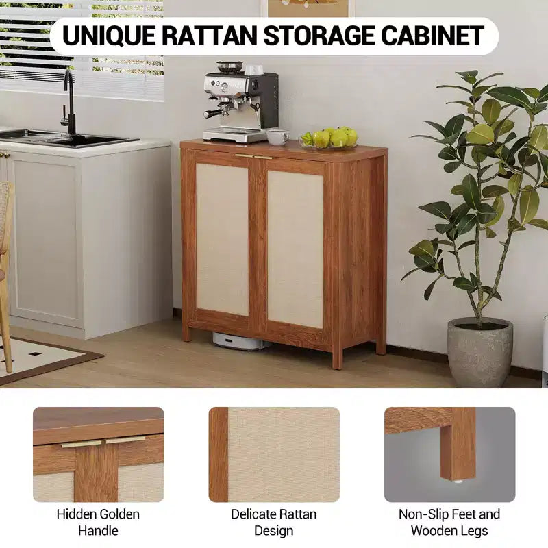Buffet en rotin - Armoire de rangement de cuisine autoportante avec étagères réglables - Meuble bar à café pour salon et salle à manger