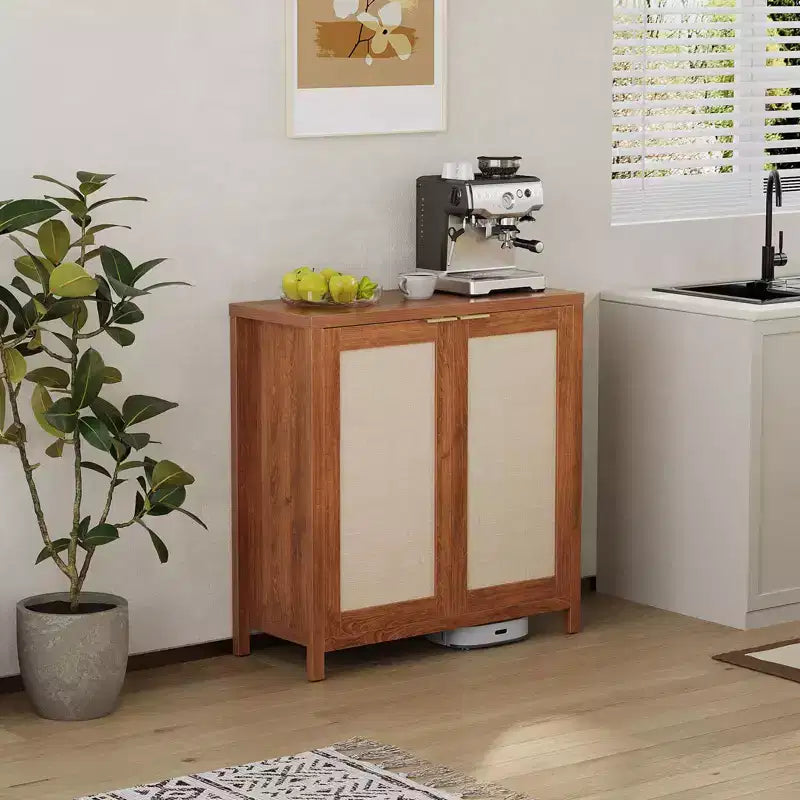 Rattan Sideboard Buffet Cabinet - Freestanding Kitchen Storage Cupboard with Adjustable Shelves - Coffee Bar Cabinet for Living Room & Dining Room