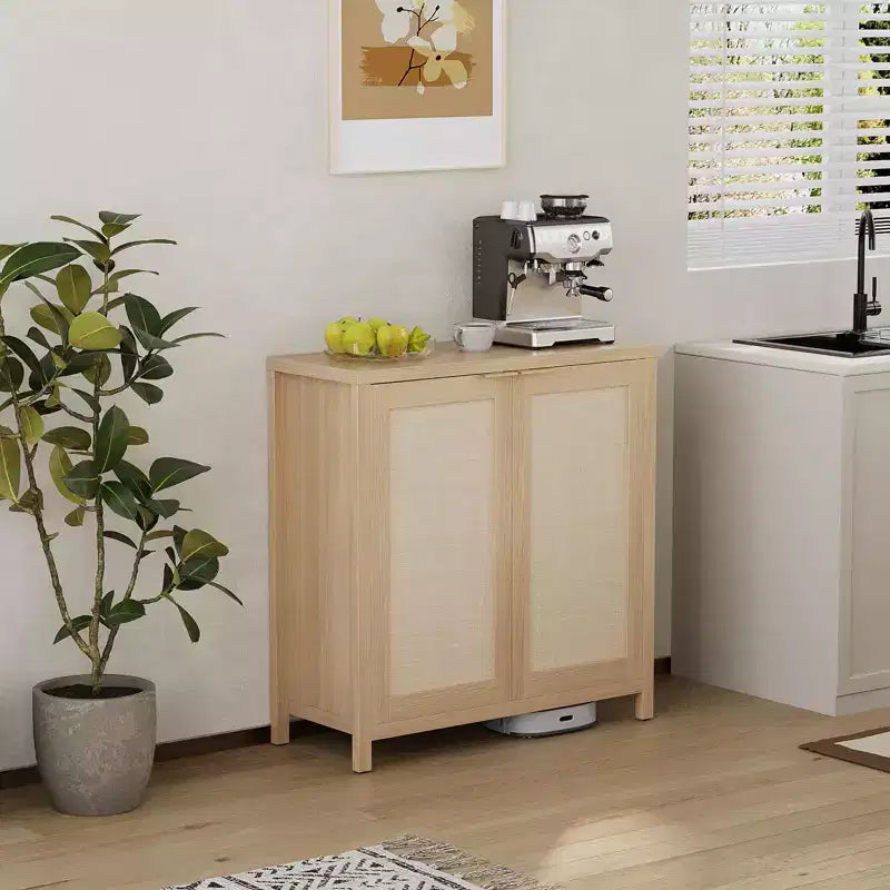 Buffet en rotin - Armoire de rangement de cuisine autoportante avec étagères réglables - Meuble bar à café pour salon et salle à manger