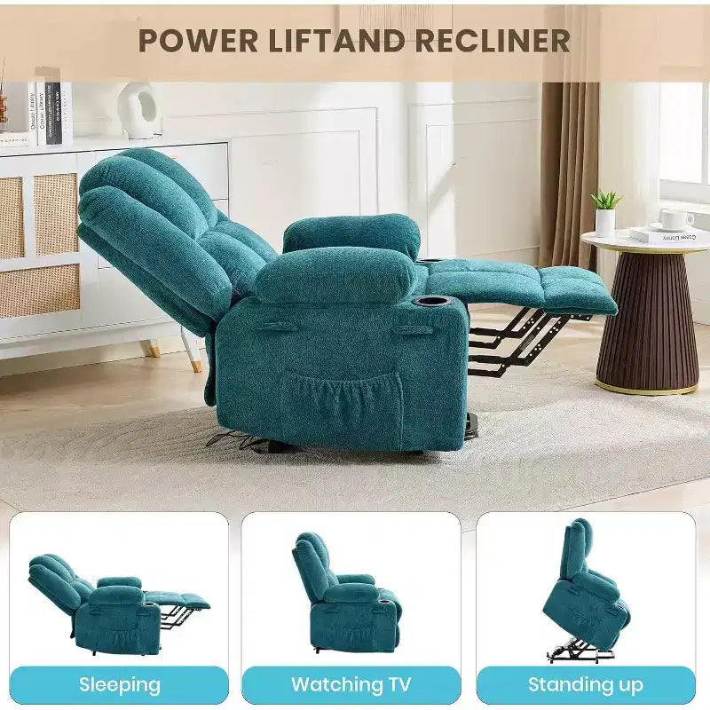Fauteuil inclinable électrique surdimensionné en lin, fauteuil de massage chauffant à 8 points avec rangement pour personnes âgées