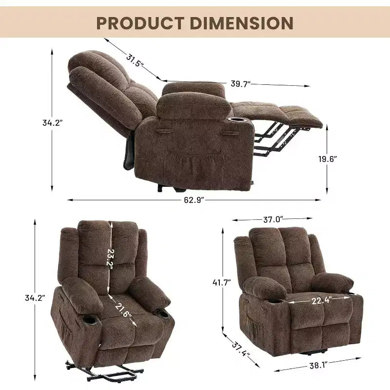 Fauteuil inclinable électrique surdimensionné en lin, fauteuil de massage chauffant à 8 points avec rangement pour personnes âgées