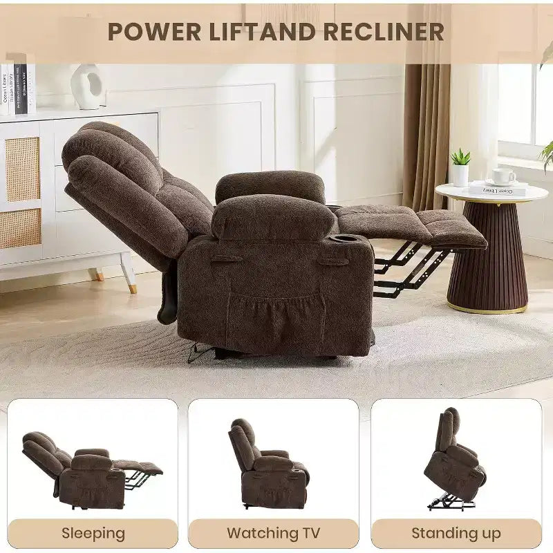 Fauteuil inclinable électrique surdimensionné en lin, fauteuil de massage chauffant à 8 points avec rangement pour personnes âgées