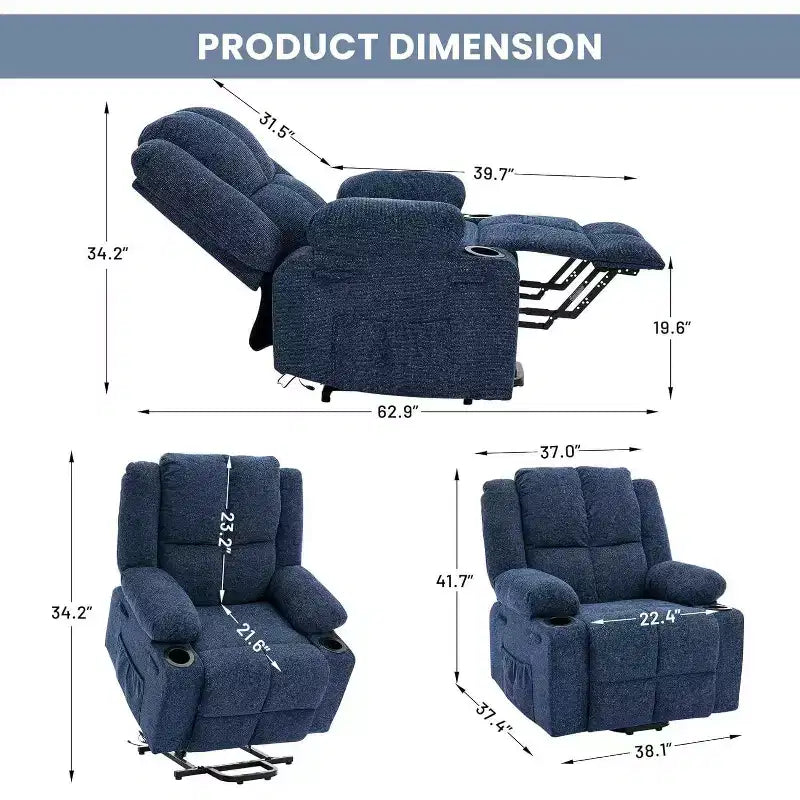 Fauteuil inclinable électrique surdimensionné en lin, fauteuil de massage chauffant à 8 points avec rangement pour personnes âgées