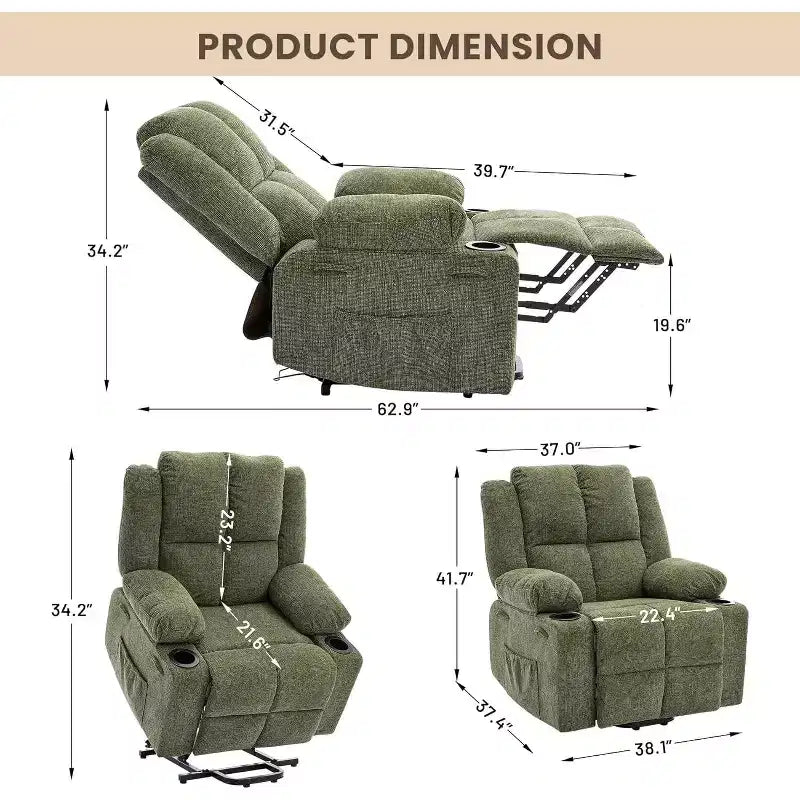 Fauteuil inclinable électrique surdimensionné en lin, fauteuil de massage chauffant à 8 points avec rangement pour personnes âgées