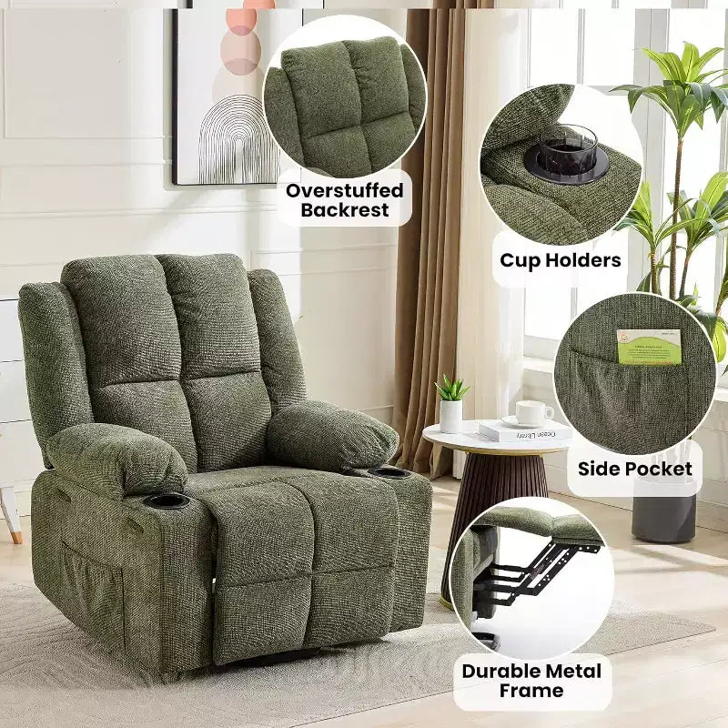 Fauteuil inclinable électrique surdimensionné en lin, fauteuil de massage chauffant à 8 points avec rangement pour personnes âgées