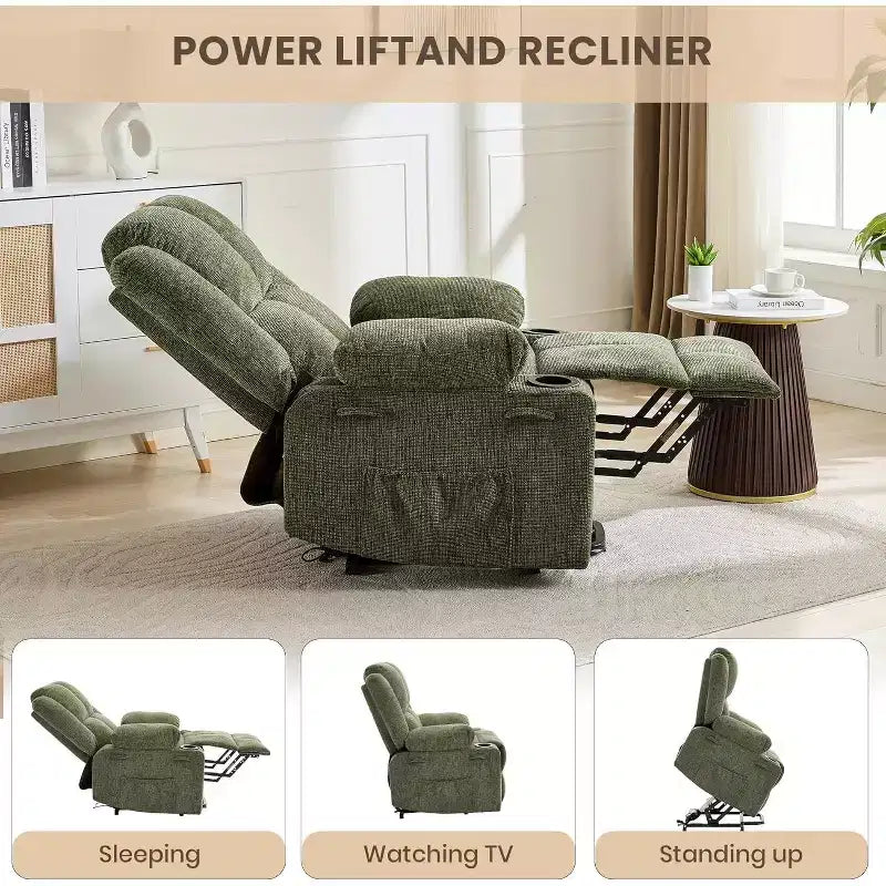 Fauteuil inclinable électrique surdimensionné en lin, fauteuil de massage chauffant à 8 points avec rangement pour personnes âgées