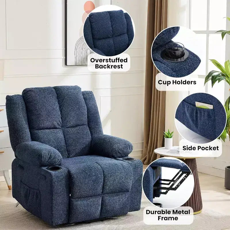 Fauteuil inclinable électrique surdimensionné en lin, fauteuil de massage chauffant à 8 points avec rangement pour personnes âgées