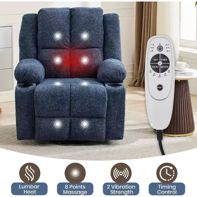 Fauteuil inclinable électrique surdimensionné en lin, fauteuil de massage chauffant à 8 points avec rangement pour personnes âgées
