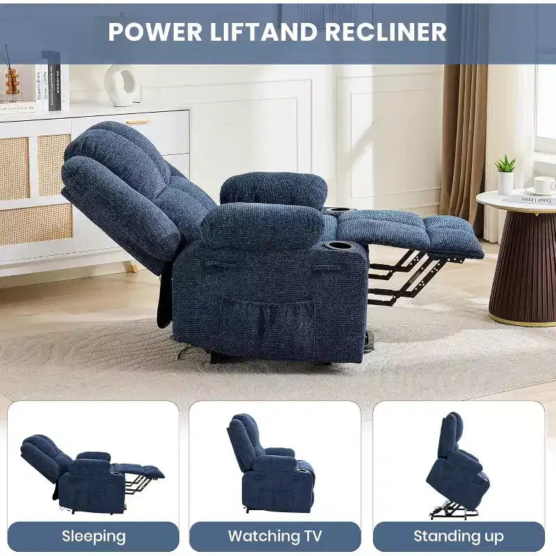 Fauteuil inclinable électrique surdimensionné en lin, fauteuil de massage chauffant à 8 points avec rangement pour personnes âgées