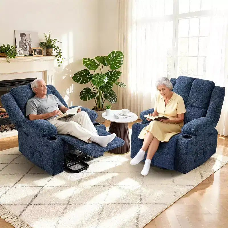 Fauteuil inclinable électrique surdimensionné en lin, fauteuil de massage chauffant à 8 points avec rangement pour personnes âgées