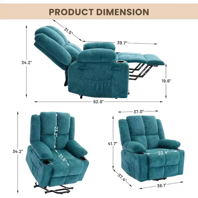 Fauteuil inclinable électrique surdimensionné en lin, fauteuil de massage chauffant à 8 points avec rangement pour personnes âgées