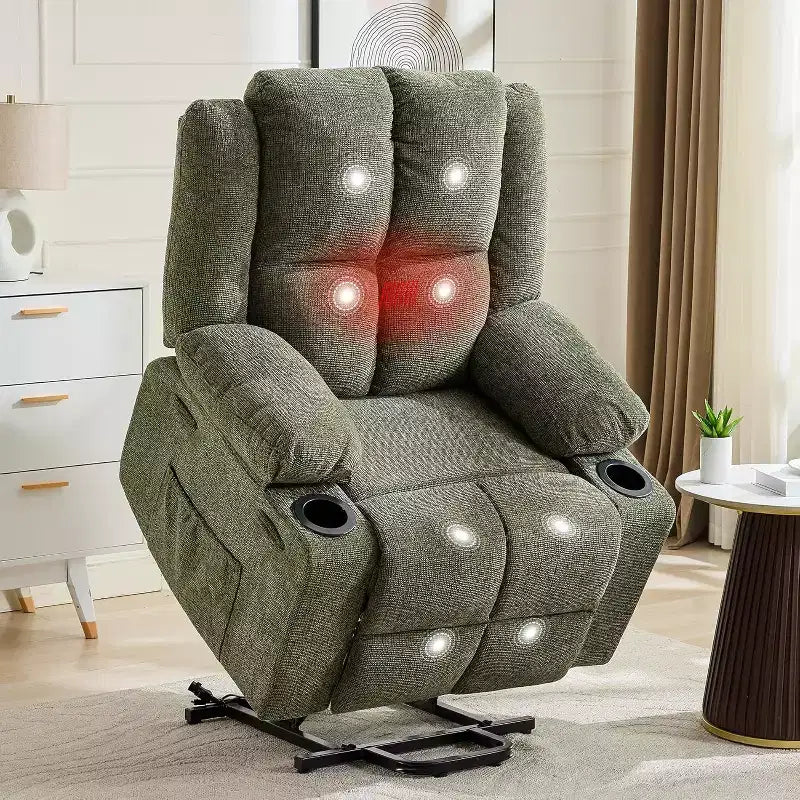 Fauteuil inclinable électrique surdimensionné en lin, fauteuil de massage chauffant à 8 points avec rangement pour personnes âgées
