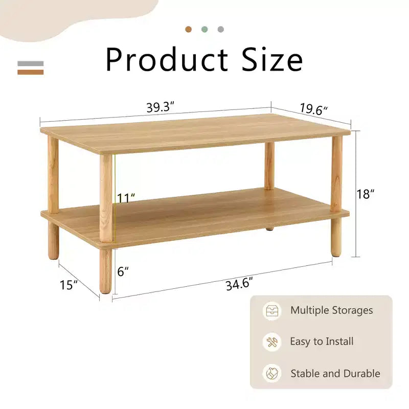 Table basse à deux niveaux en bois avec étagère de rangement et pieds ronds en hévéaTable basse minimaliste pour salon, appartement ou bureau