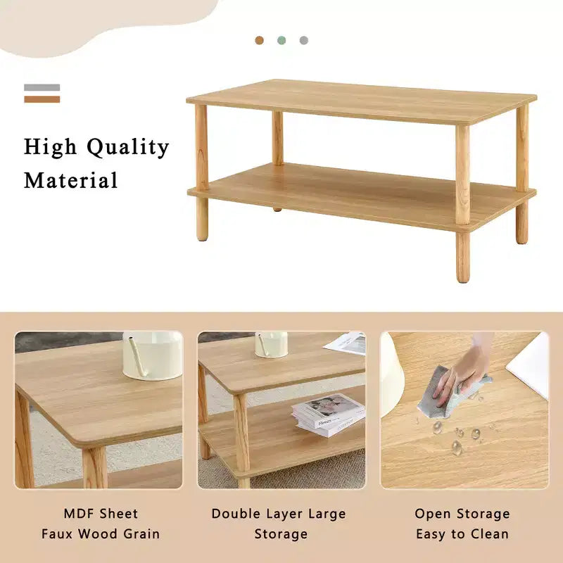 Table basse à deux niveaux en bois avec étagère de rangement et pieds ronds en hévéaTable basse minimaliste pour salon, appartement ou bureau
