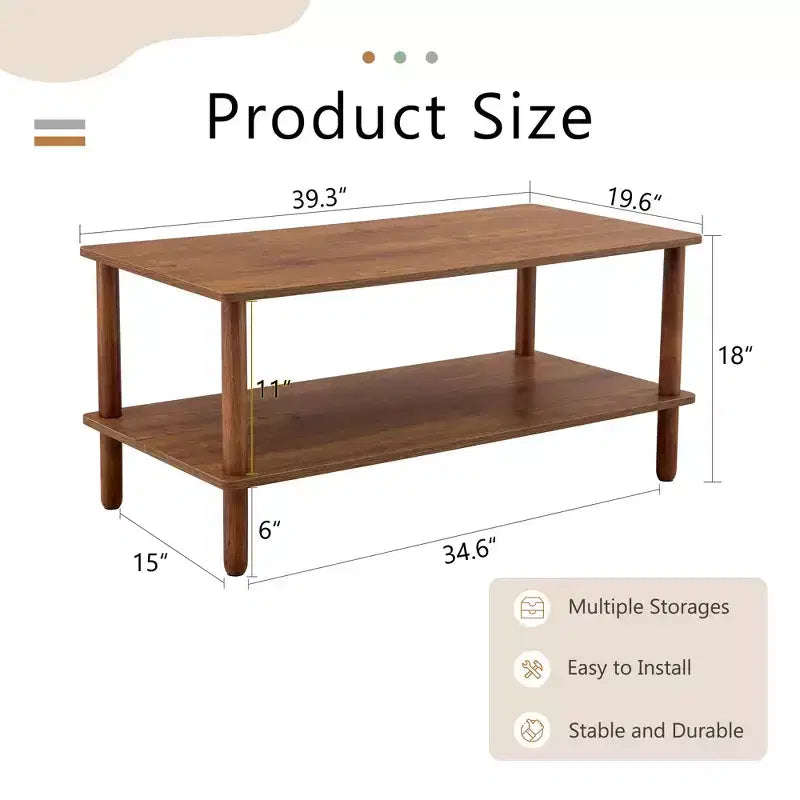 Table basse à deux niveaux en bois avec étagère de rangement et pieds ronds en hévéaTable basse minimaliste pour salon, appartement ou bureau
