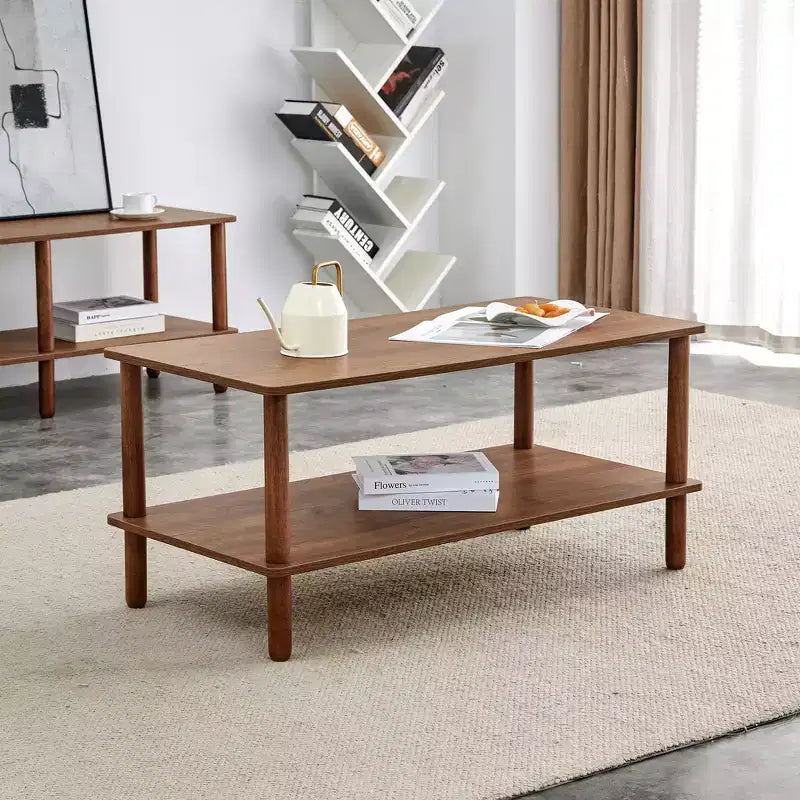 2-Tier Wood Coffee Table with Storage Shelf and Rounded Rubberwood LegsMinimalist Center Table for Living Room, Apartment, or Office