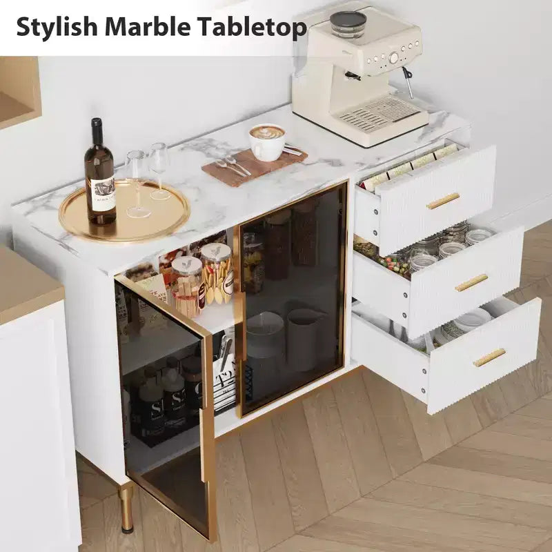 Buffet de Salle à Manger avec Tiroirs, Grand Buffet de Cuisine Cannelé avec 2 Portes en Verre, Dessus en Faux Marbre