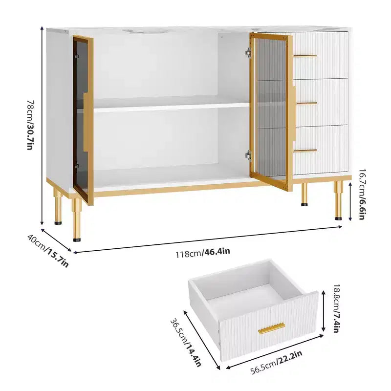 Buffet de Salle à Manger avec Tiroirs, Grand Buffet de Cuisine Cannelé avec 2 Portes en Verre, Dessus en Faux Marbre