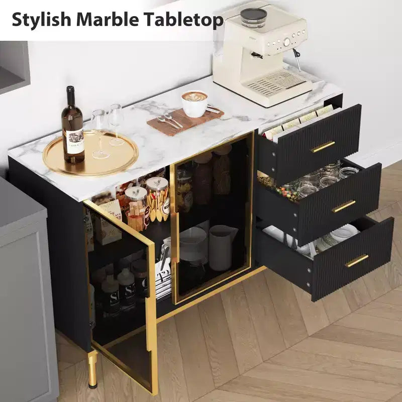 Buffet de Salle à Manger avec Tiroirs, Grand Buffet de Cuisine Cannelé avec 2 Portes en Verre, Dessus en Faux Marbre