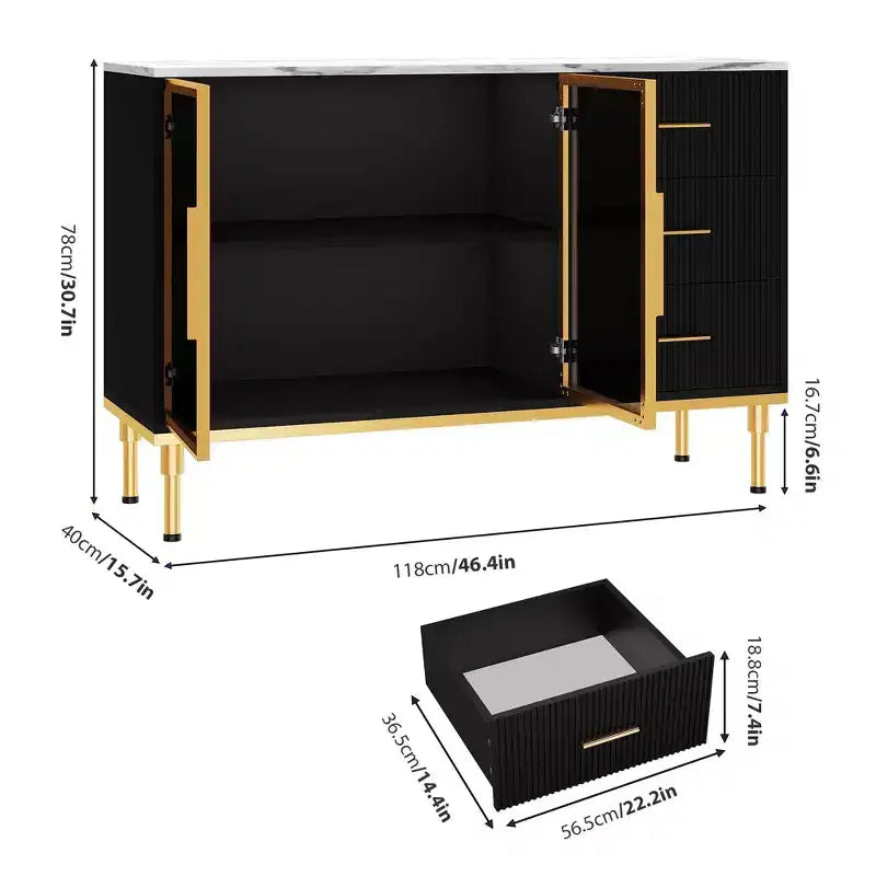 Buffet de Salle à Manger avec Tiroirs, Grand Buffet de Cuisine Cannelé avec 2 Portes en Verre, Dessus en Faux Marbre