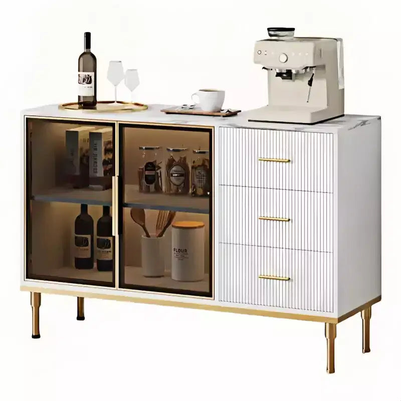 Buffet de Salle à Manger avec Tiroirs, Grand Buffet de Cuisine Cannelé avec 2 Portes en Verre, Dessus en Faux Marbre