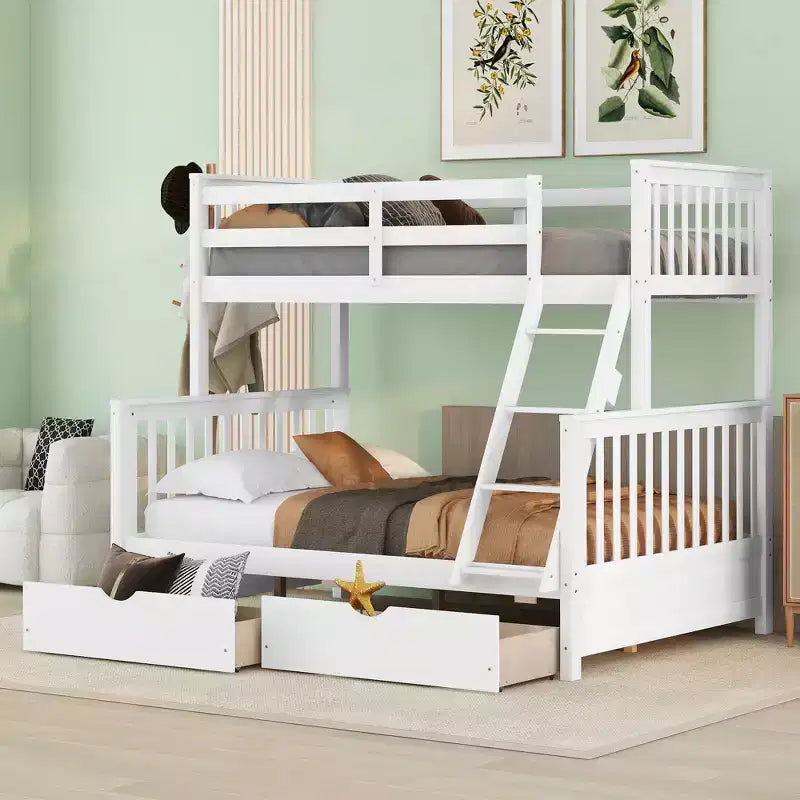 Bellemave Twin-Over-Full Bunk Bed with Ladders & 2 Storage Drawers, Solid Pine Frame, Convertible to 2 Beds, White, Space-Saving Design