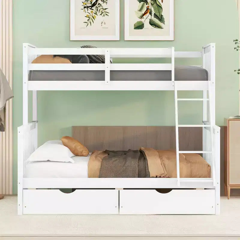 Lit superposé jumeau sur grand lit avec échelles et 2 tiroirs de rangement, cadre en pin massif, convertible en 2 lits, blanc, conception peu encombrante