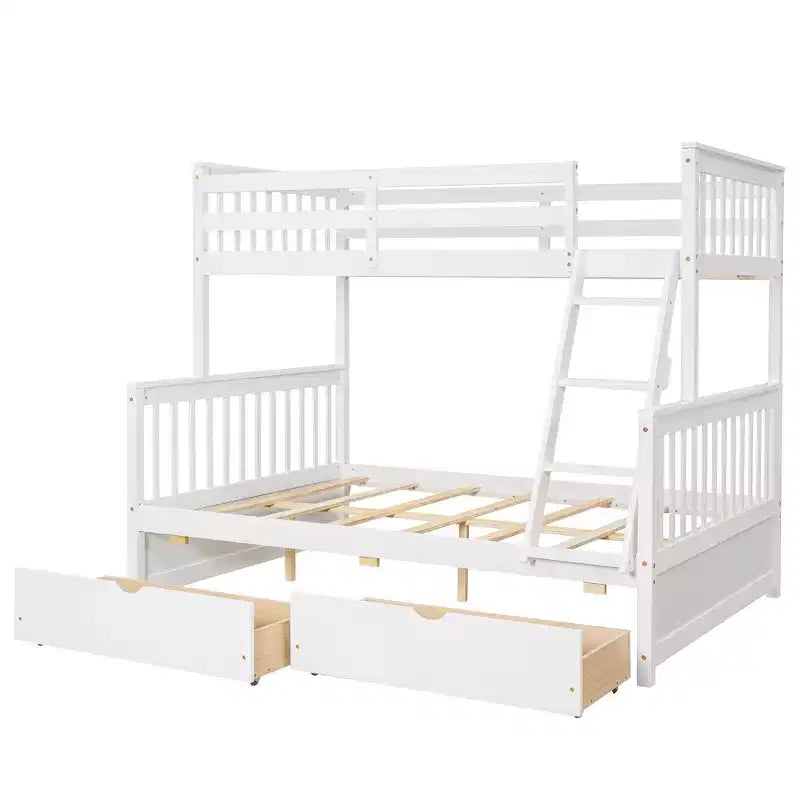 Lit superposé jumeau sur grand lit avec échelles et 2 tiroirs de rangement, cadre en pin massif, convertible en 2 lits, blanc, conception peu encombrante