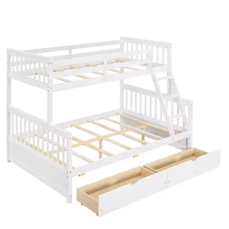 Lit superposé jumeau sur grand lit avec échelles et 2 tiroirs de rangement, cadre en pin massif, convertible en 2 lits, blanc, conception peu encombrante
