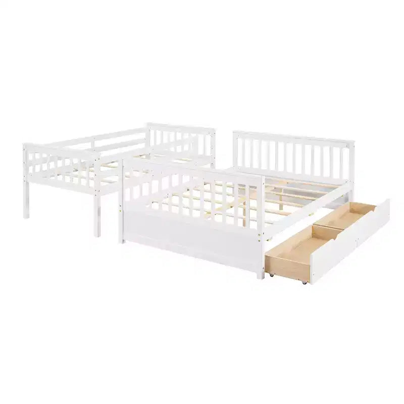 Lit superposé jumeau sur grand lit avec échelles et 2 tiroirs de rangement, cadre en pin massif, convertible en 2 lits, blanc, conception peu encombrante
