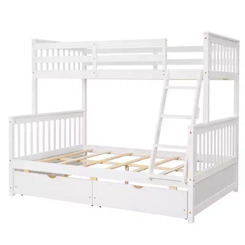 Lit superposé jumeau sur grand lit avec échelles et 2 tiroirs de rangement, cadre en pin massif, convertible en 2 lits, blanc, conception peu encombrante