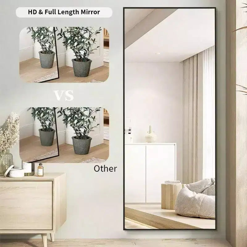 Miroir pleine longueur noir 71x31 avec support. Peut être utilisé comme miroir mural, sur pied ou suspendu.